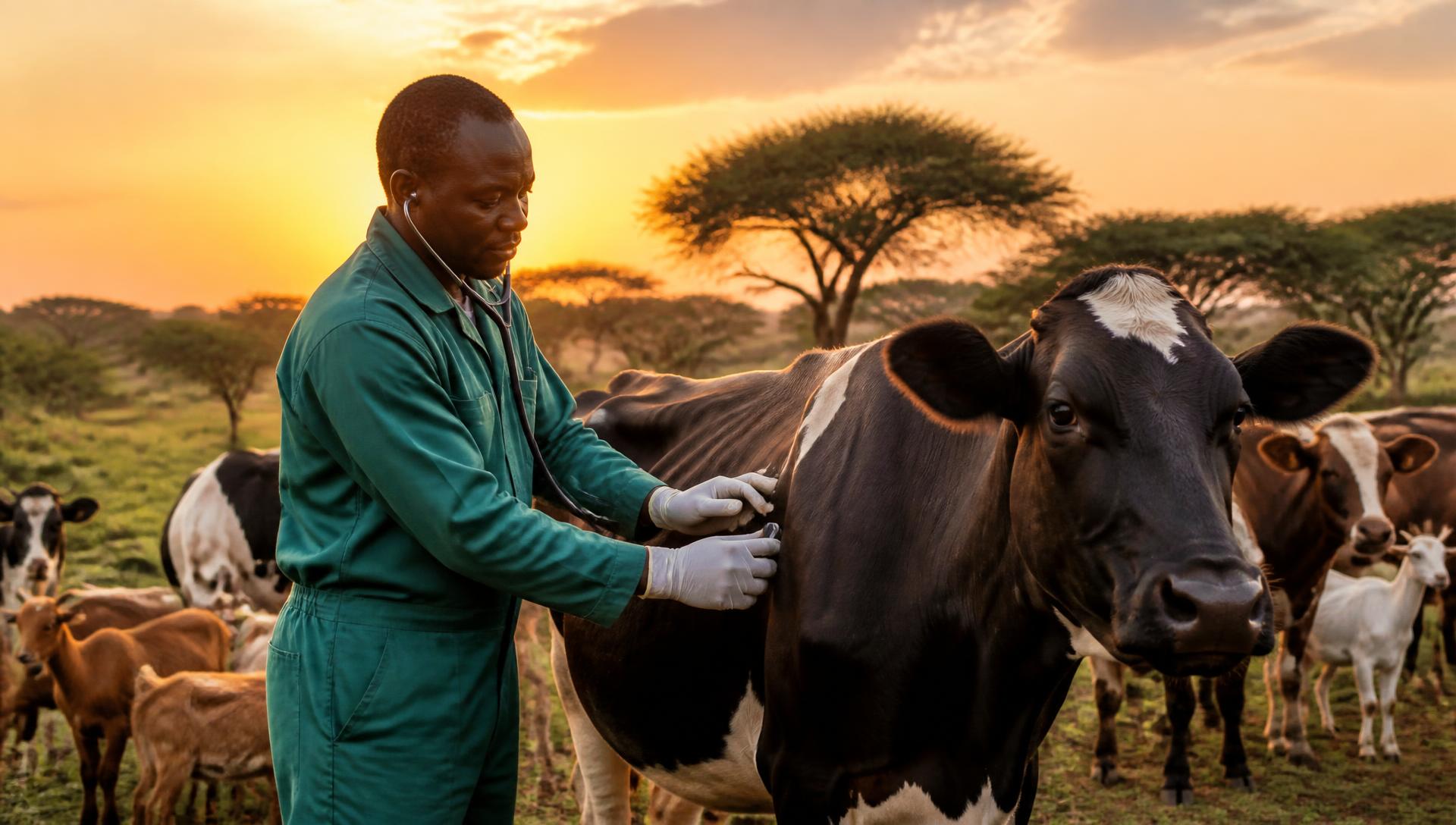 Veterinarian examining a dairy cow on a Kenyan livestock farm